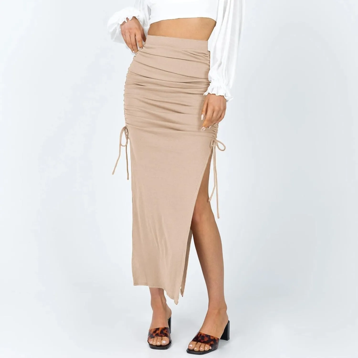 Women's Tulle Skirts Pencil Midi Skirt Casual High Waist Ruched Ribbed Knit Stretchy Bodycon Skirt, S-XL