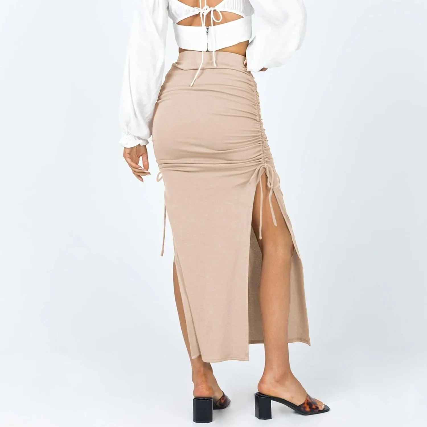 Women's Tulle Skirts Pencil Midi Skirt Casual High Waist Ruched Ribbed Knit Stretchy Bodycon Skirt, S-XL