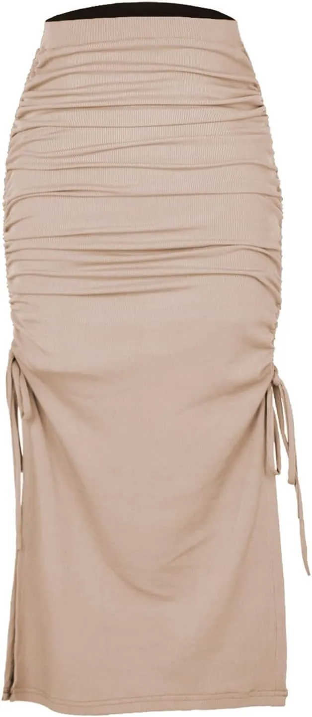 Women's Tulle Skirts Pencil Midi Skirt Casual High Waist Ruched Ribbed Knit Stretchy Bodycon Skirt, S-XL